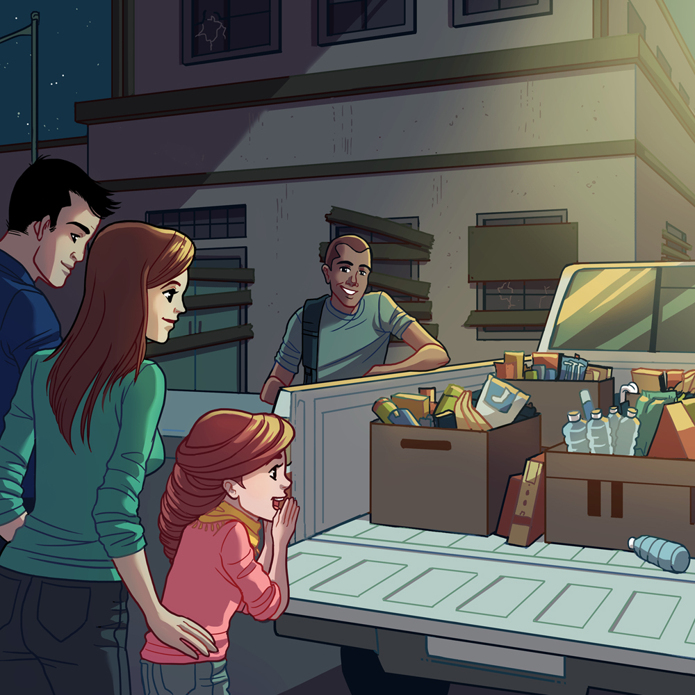 Linnie Mae and her parents preparing for a night of volunteerism